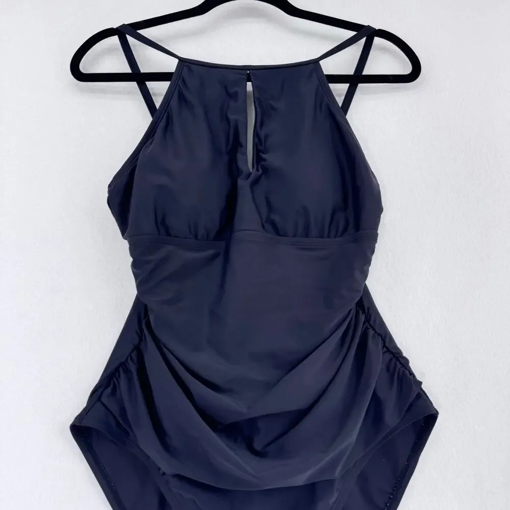 Ellen Tracy Black One Piece Swimsuit Halter Ruched Tummy Control Size 10 resort - Picture 5 of 6